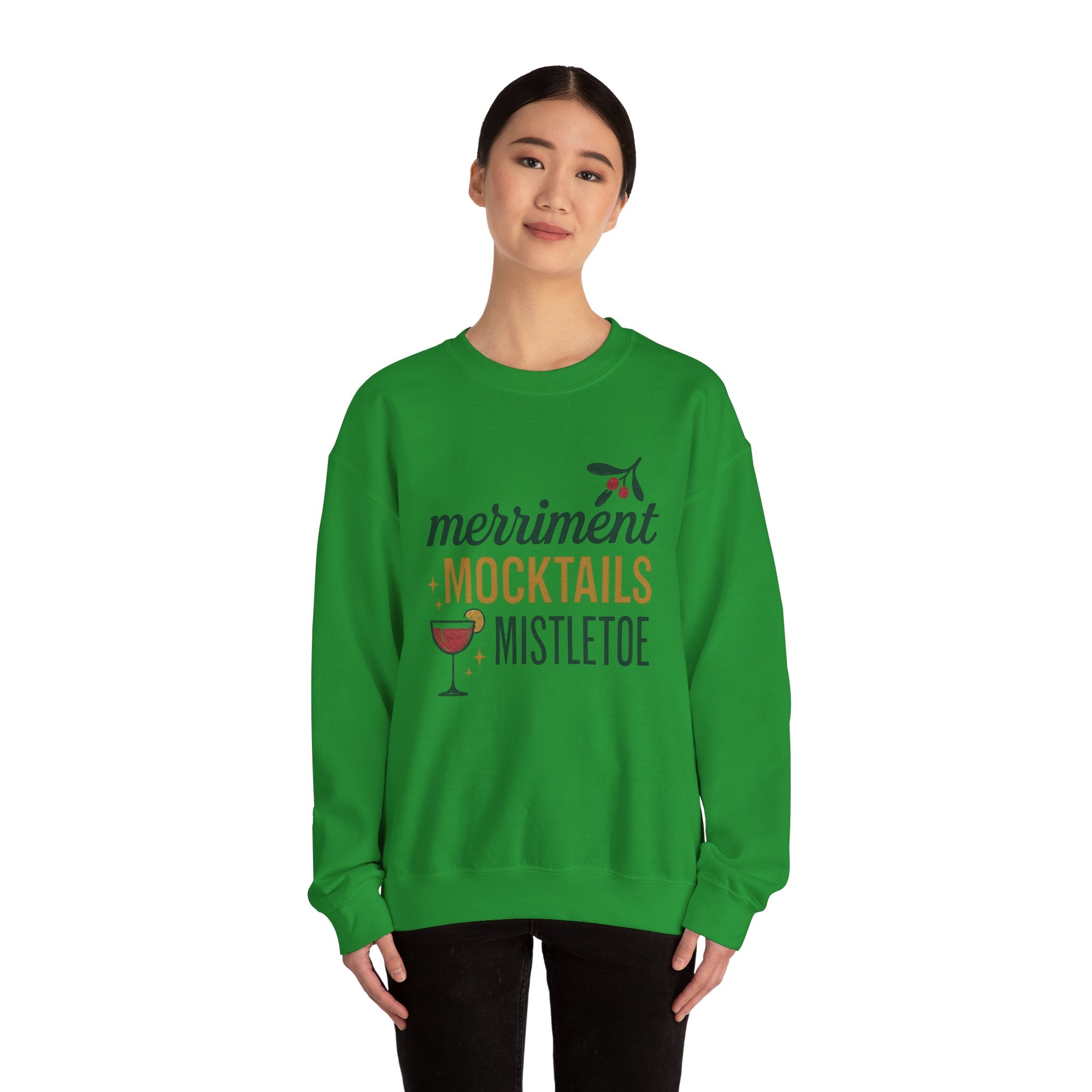 "Merriment, mocktails and mistletoe" crew neck holiday sweatshirt