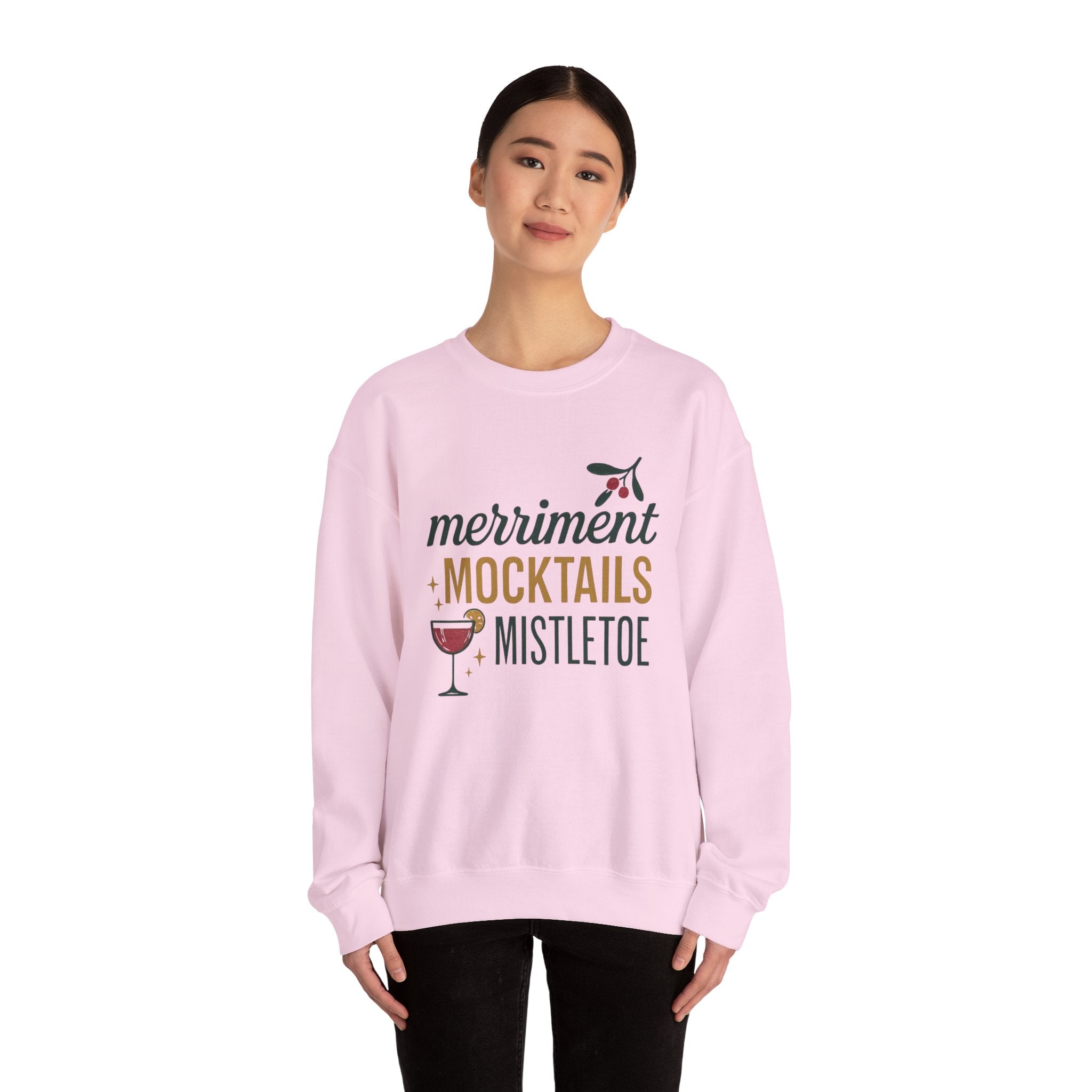 "Merriment, mocktails and mistletoe" crew neck holiday sweatshirt